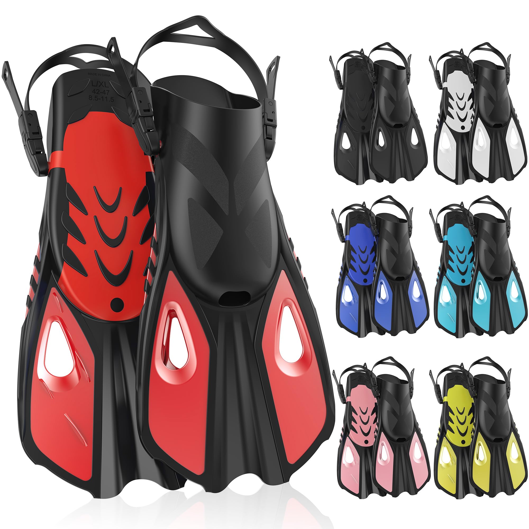 Snorkel Fins, Swim Fins Travel Size Short Adjustable for Snorkeling Diving Adult Men Women Open Heel Swimming Flippers (Red, S/M (UK 3.5โ7.5 / US 4.5โ8.5 / EU 36โ42))