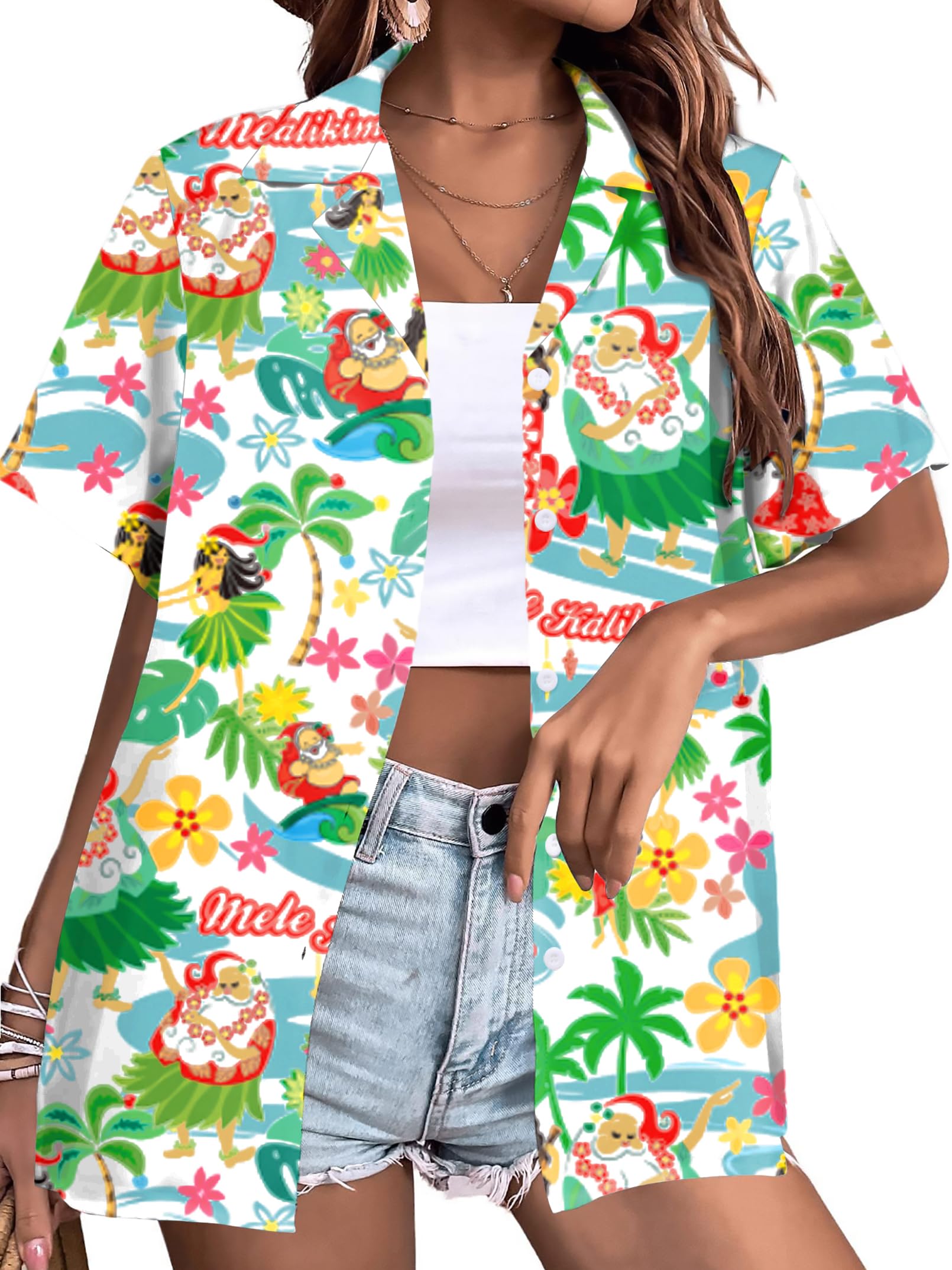 Hawaiian Christmas Shirts Women Xmas Button Down T Shirt Funny Santa Claus Short Sleeve Tee Tops