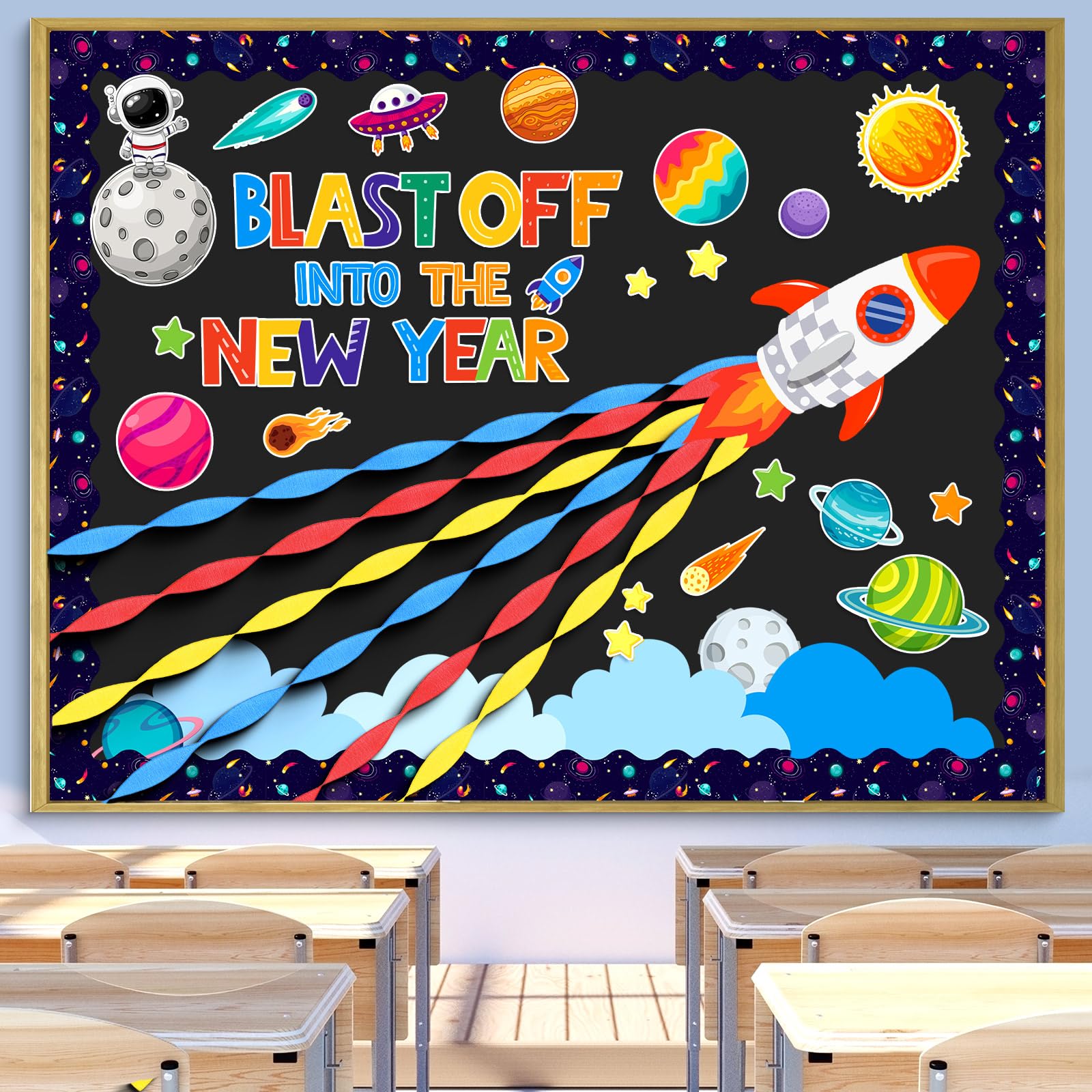 Pasimy Outer Space Bulletin Board with Crepe Paper Streamers 3D Space Themed Classroom Decor Galaxy Stars Planet Astronaut Cutouts for Back to School First Day of School Supplies Chalkboard Wall Decor-image-48