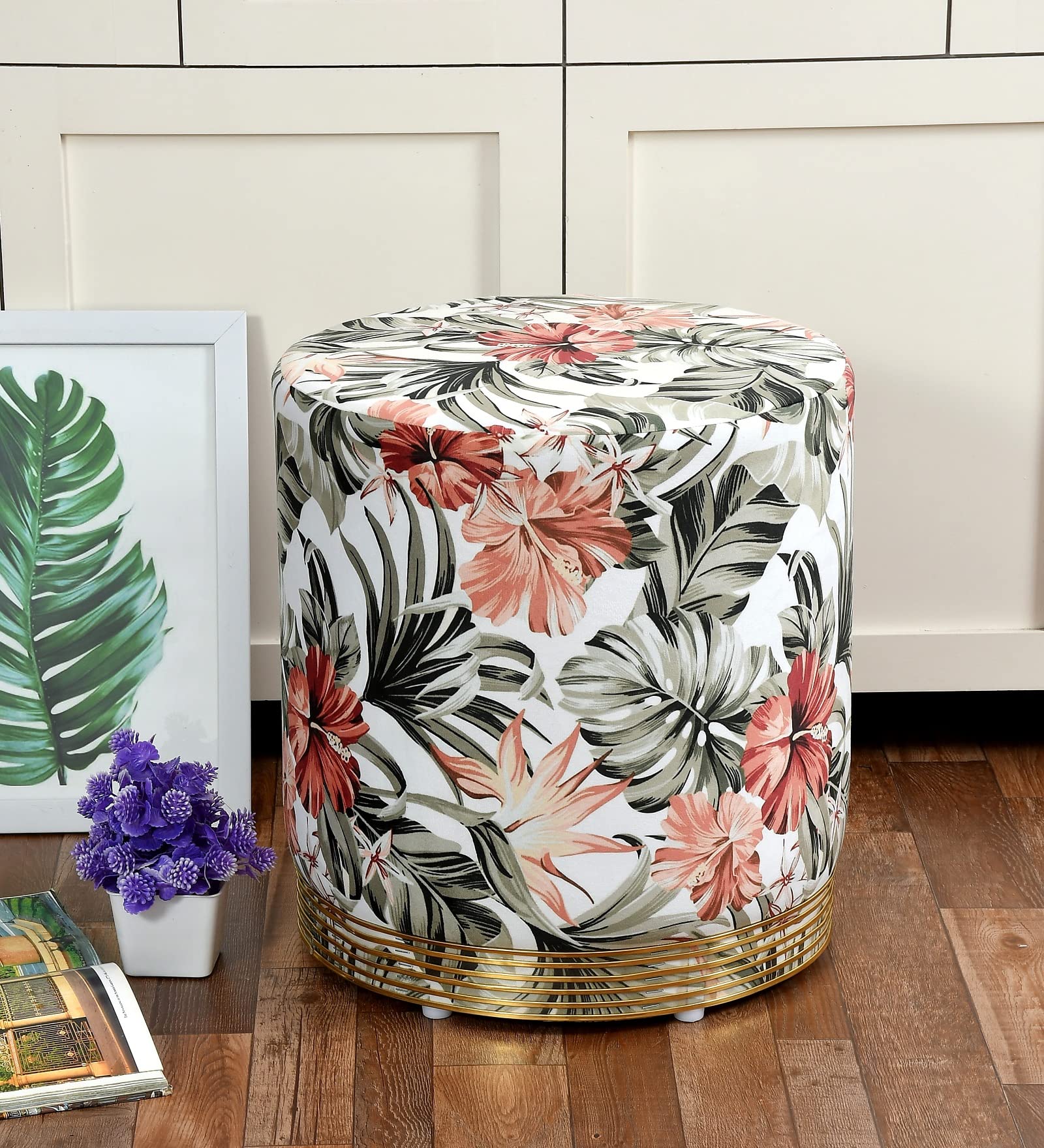 RIANCE CREATIONS Velvet Ottoman Pouffes Seating Stool for Living Room | Puffy Stool Chairs for Bedroom & Office | Seating Furniture Footrest Seat with Printed Cushion (Flower-Brown-New)-image-0