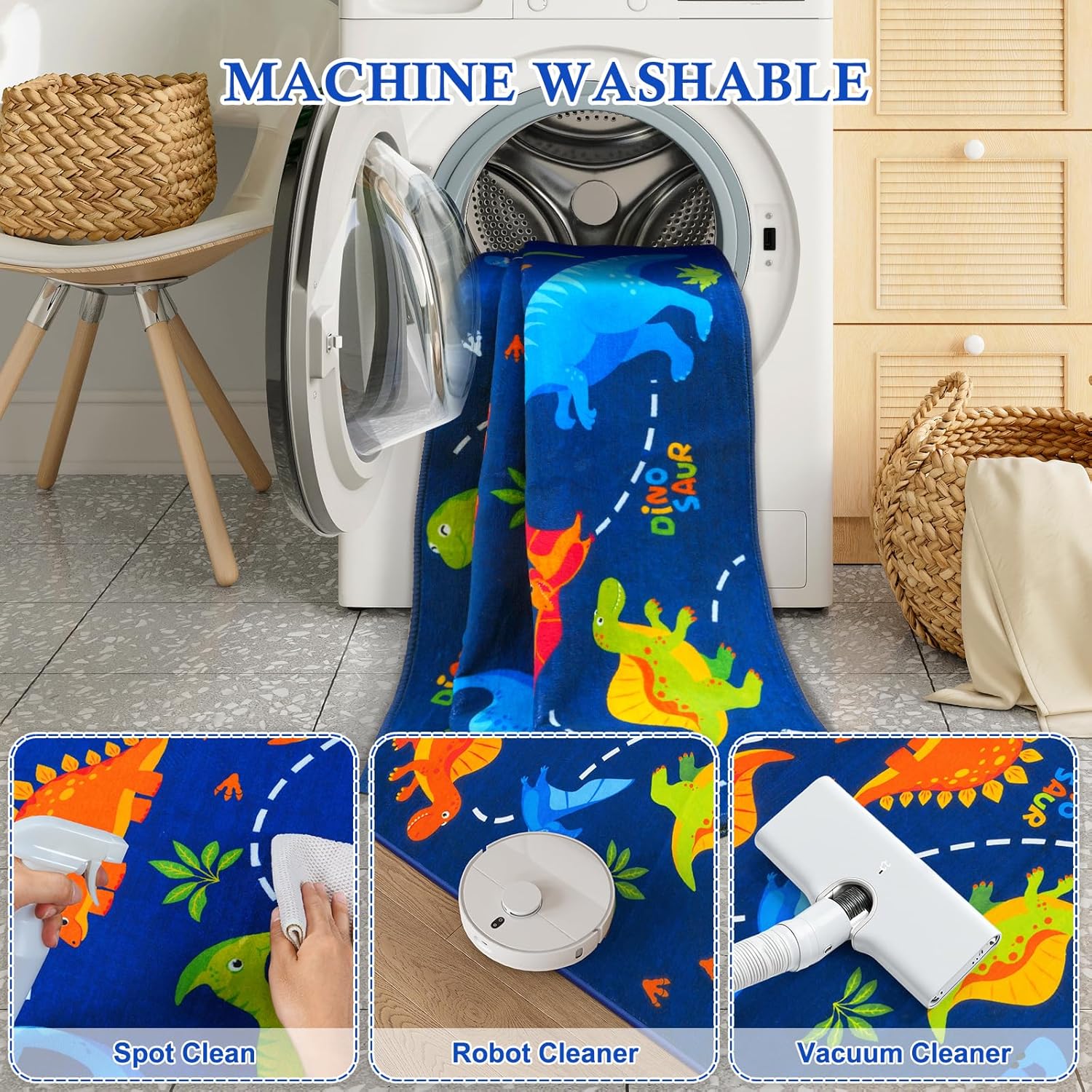 STARUIA Large 5x7 Area Rugs Washable Kids Rug for Bedroom, Soft Bule Cartoon Dinosaur Boys Room Rug, Cute Animal Patterns Nursery Rugs Toddler Carpet for Kids Room Playroom Living Room