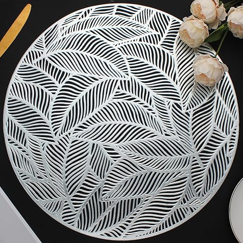 Mabbcoo Juego de 6 manteles individuales de hojas redondas para mesa de comedor, manteles de vinilo prensados huecos para vacaciones, fiestas, Mabbcoo Juego de 6 manteles individuales de hojas redondas para mesa de comedor, manteles de vinilo prensados huecos para vacaciones, fiestas,