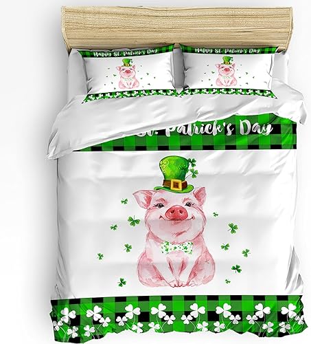 Juego de funda de edredón tamaño Queen de 3 piezas para el día de San Patricio lindo sombrero de elfo de cerdito rosa juego de ropa de cama con