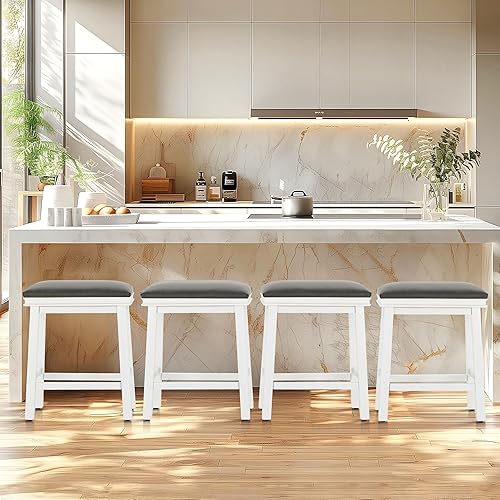 Miniatura 15 de ALPHA HOME Juego de 2 taburetes de bar, taburetes de cocina de madera maciza con cojín de piel sintética gris, taburetes de bar con base de madera