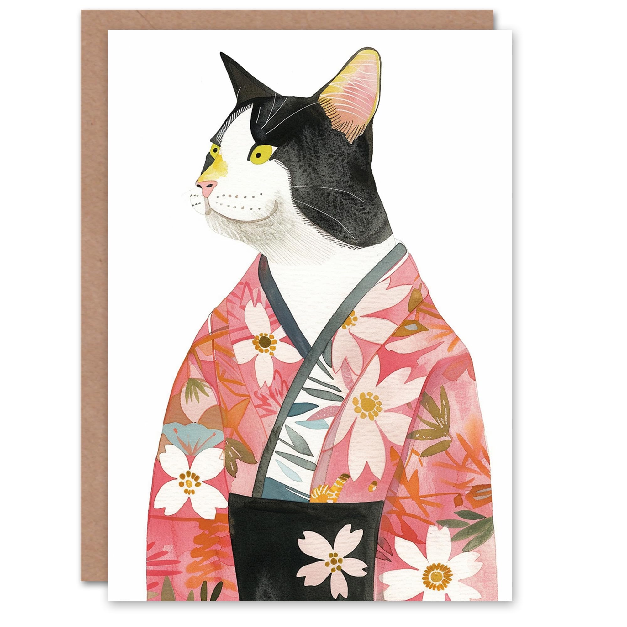 Artery8 Tuxedo Cat Lover Pet Pink Floral Japanese Kimono Blank For Him Or Her Art Birthday Card