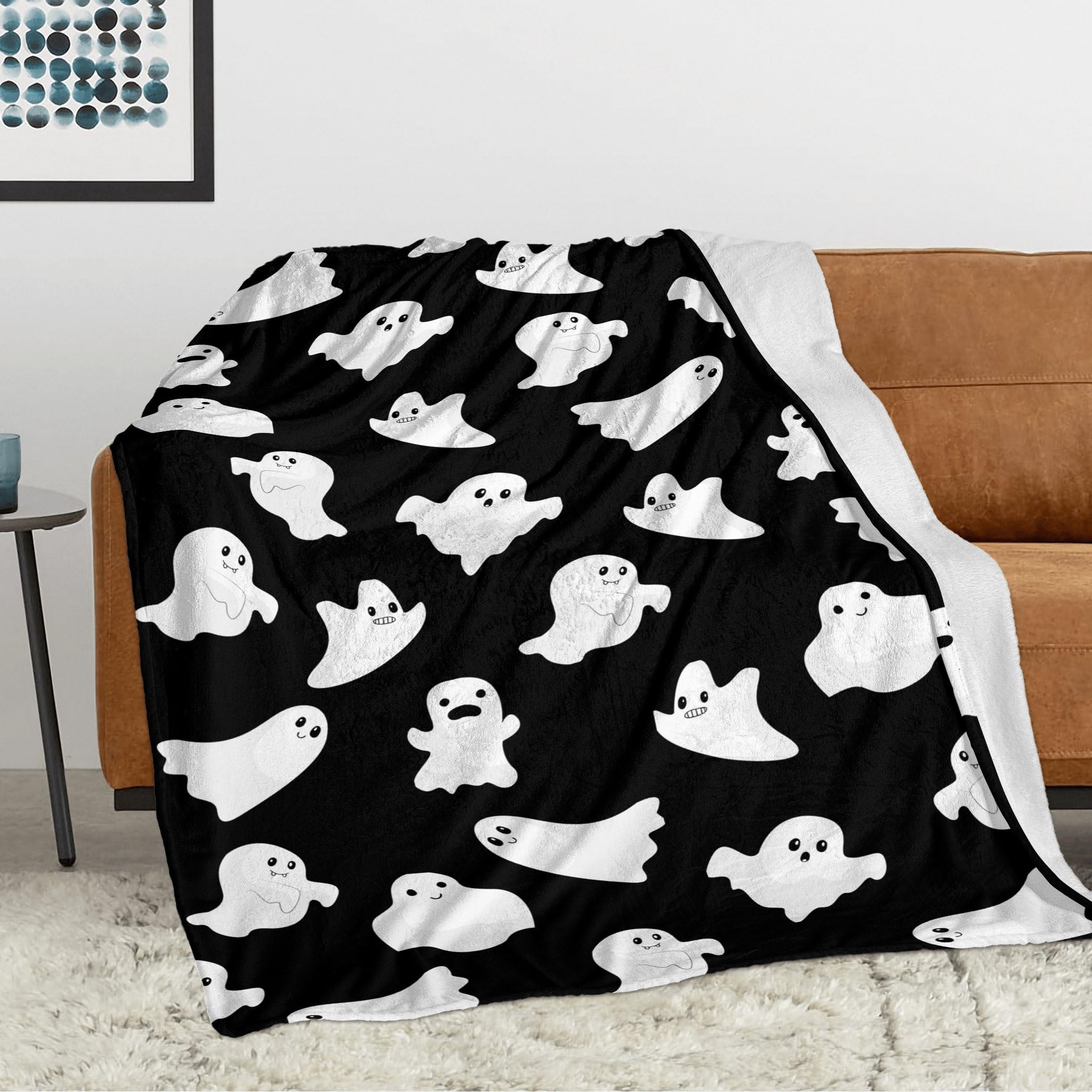 GOOESING Funny Cute Ghost Throw Blanket Spooky Decor Ghost Blanket for Picnic Travel Lightweight Fuzzy Cozy Black White Halloween Throw Blankets for Living Room Sofa Couch 60" x 80"(152x203cm)