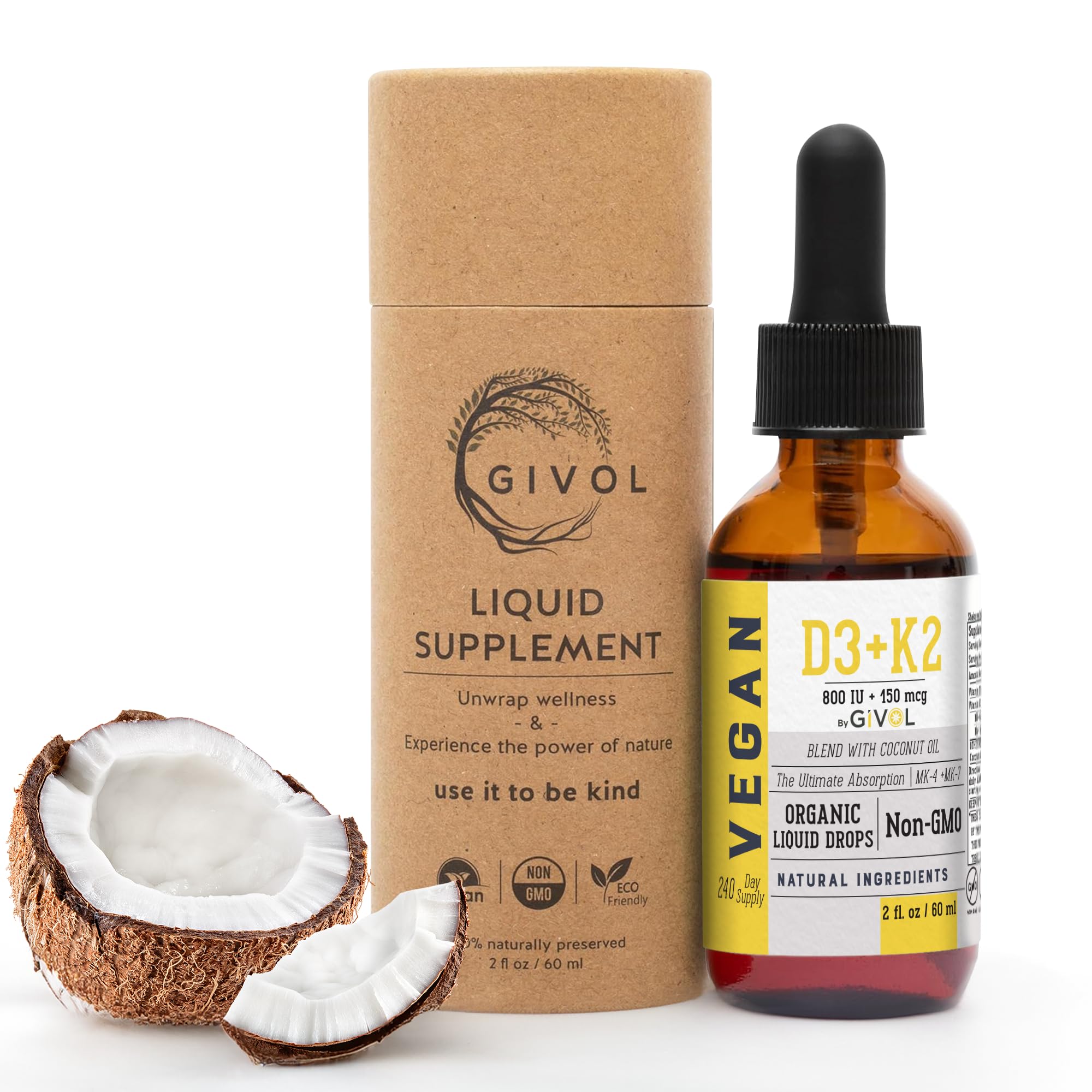 D3 + K2 Liquid Drops with MK-4 & MK-7 – Vitality, Strong Bones & Energy – Non-GMO, Gluten-Free, Sugar-Free, Easy Absorption, Liquid Spray for Kids & Adults - 2 Fl Oz/60 ml, 240 Day Supply