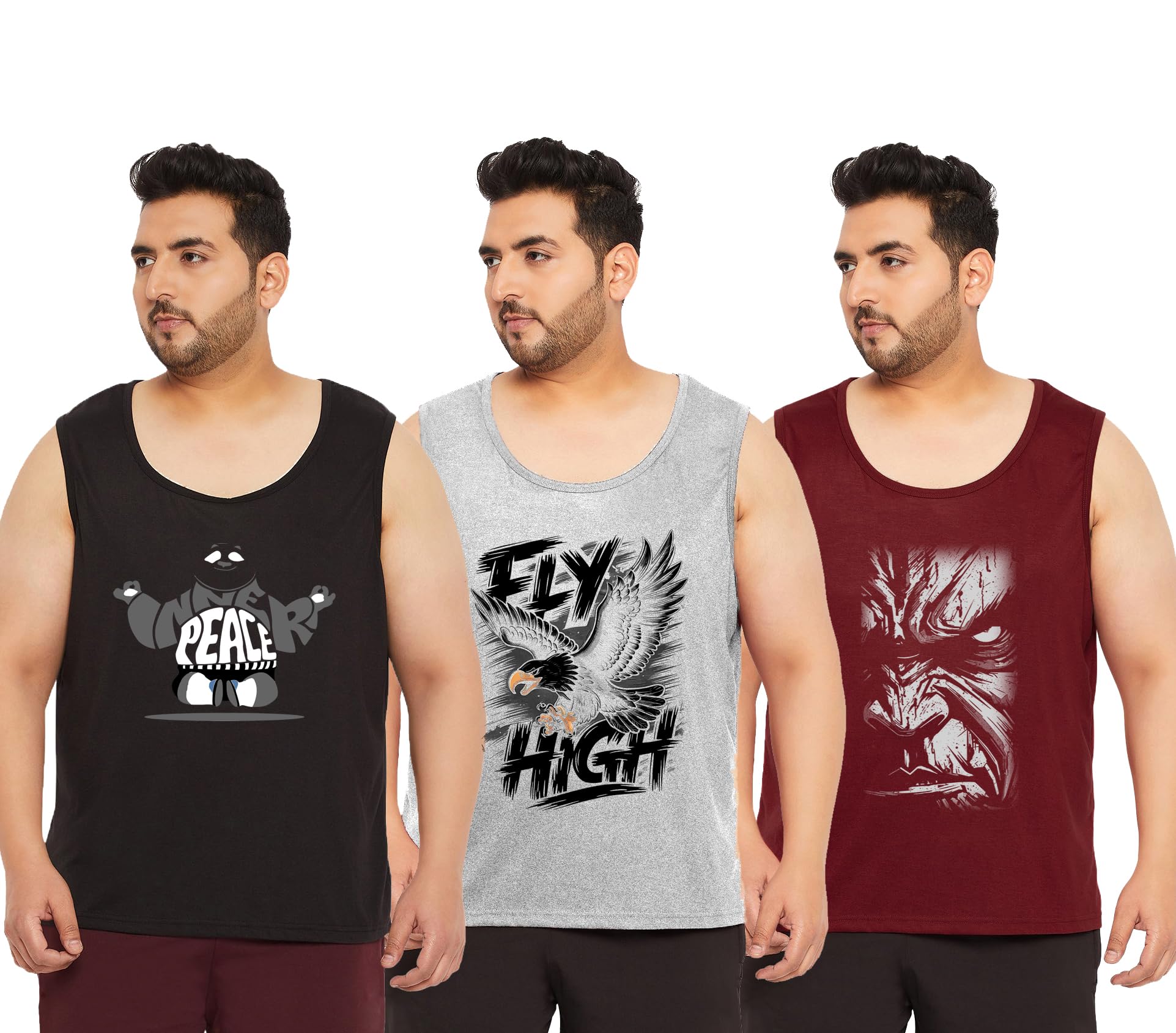 West Gate Clothing Cotton Printed Plus Size Vest for Men | Round Neck, Regular Fit, Sleeveless Plus Size | Men's Tank Top | 3XL, 4XL, 5XL | Perfect for Workouts Gym | Charcoal | Combo Pack of 3-picture-28