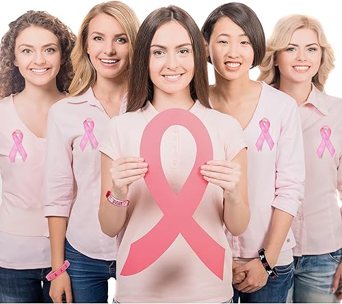 Miniatura 6 de 60 accesorios de concientización sobre el cáncer de mama, incluyen 30 pulseras de silicona de cinta rosa y 30 botones de solapa de cinta rosa para
