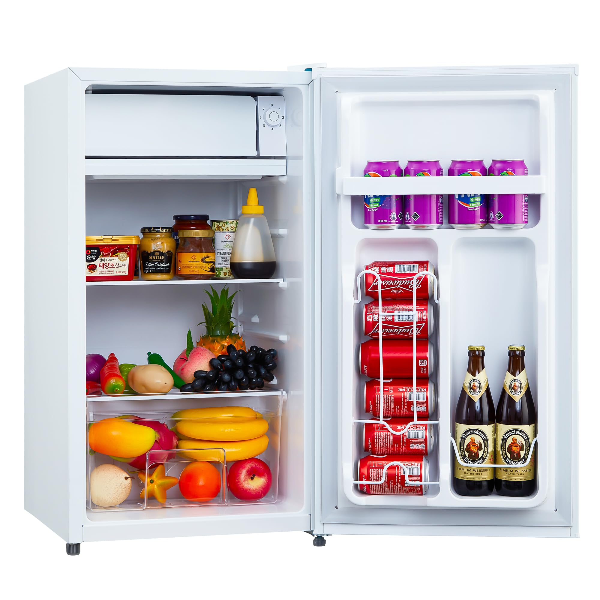 GIMMYFIVE 3.2 Cu. Ft Mini Fridge with Freezer - Compact, 7 Level Adjustable Thermostat, Crisper Drawer, Removable Glass Shelves, Ideal for Home, Office, Bedroom, White