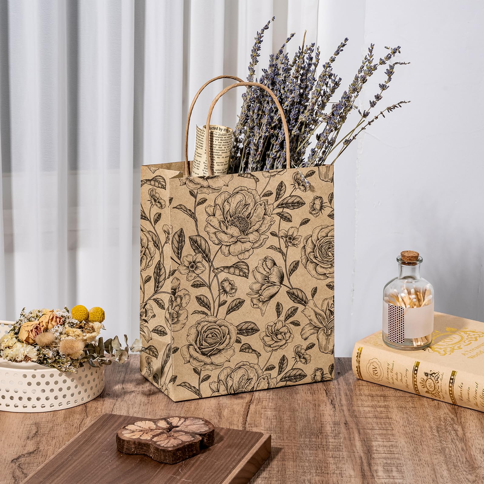 WRAPAHOLIC Medium Floral Kraft Paper Gift Bags - Black Florals Design for Birthday, Baby Shower, Holiday, Party Gift Wrap (Pack of 12)
