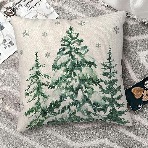 Miniatura 3 de Juego de 2 fundas de almohada navideñas de 18 x 18 pulgadas, diseño de árboles del bosque, fundas de almohada verdes, fundas de almohada de invierno
