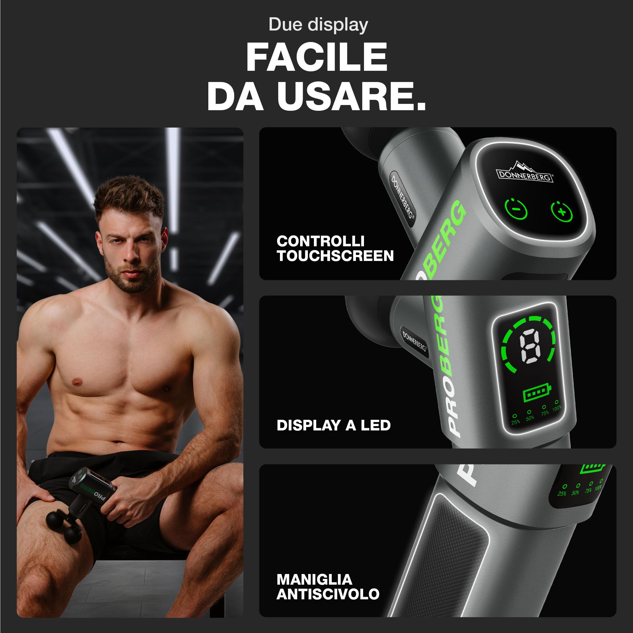 DONNERBERG® Proberg Pistola Massaggiante Professionale Per Tessuti Profondi | Ampiezza Di 12 mm, 24 kg Di Forza, Batteria Samsung Da 3500 mAh, 7 Testine In Silicone, Garanzia Motore 7 Anni