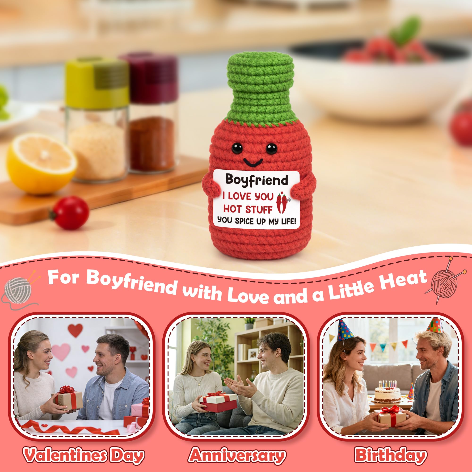 Anniversary Men Gifts for Boyfriend Him Birthday for Boyfriend from Girlfriend, I Love You Boyfriend's Sweet Day Romantic Gift Funny Handmade Crochet Hot Sauce Gift for Couple