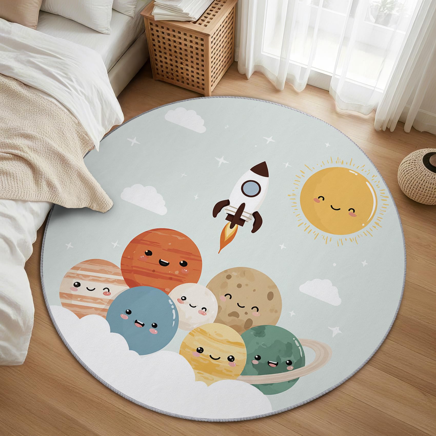Planeten Teppich Rund 120cm Kurzflor - Waschbare Teppiche Wohnzimmer Kinder Cartoon Raketen Weltall - Runder Teppich 120 Durchmesser Kinderzimmer - Bettvorleger rutschfest Weich