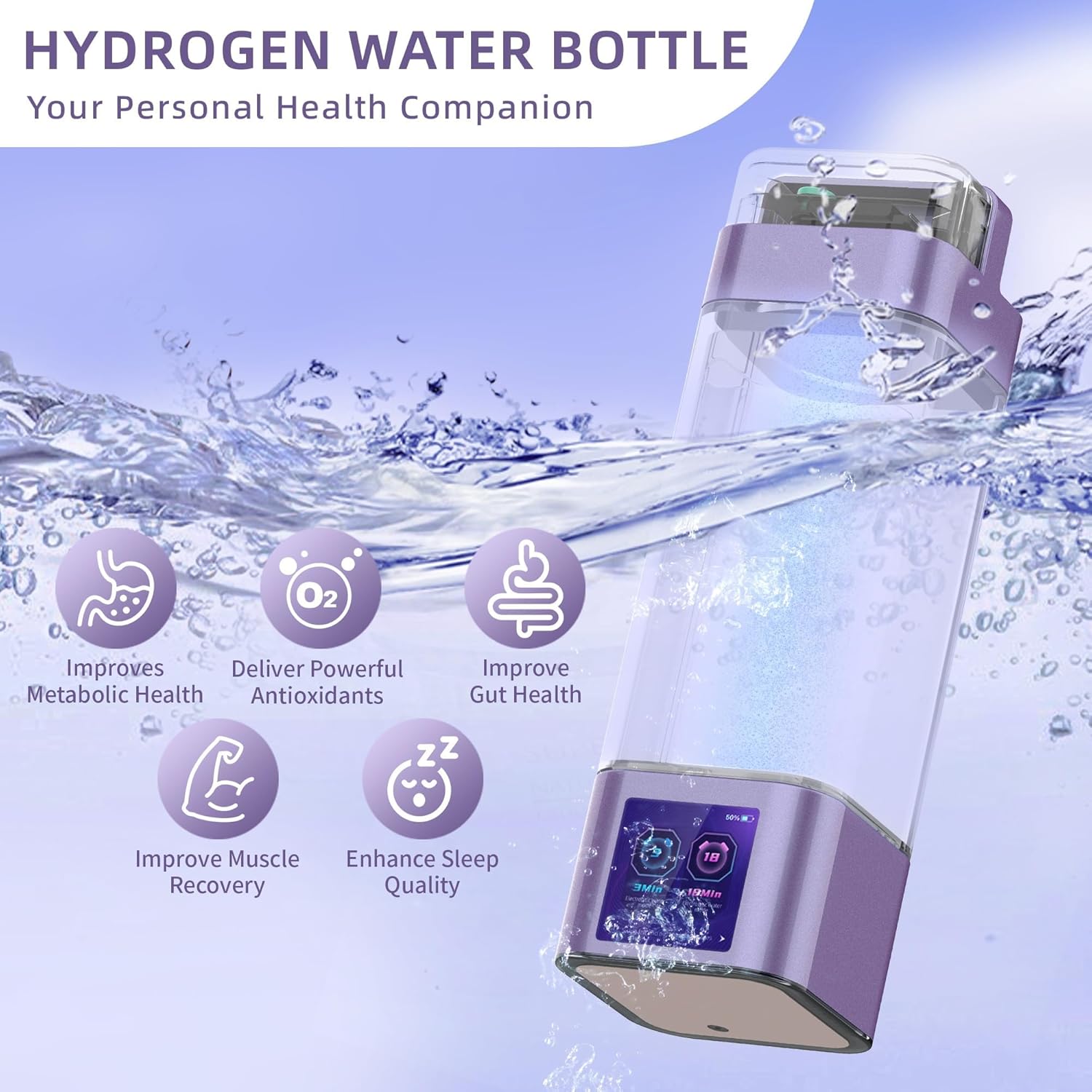 Hydrogen Water Bottle Deluxe Version, Up to 9000PPB-12000PPB, Upgrade Smart Touchscreen Control SPE Hydrogen Generator with Portable Hydrogen Water Machine for Home Office Outdoors Drinking Gift - Image 3