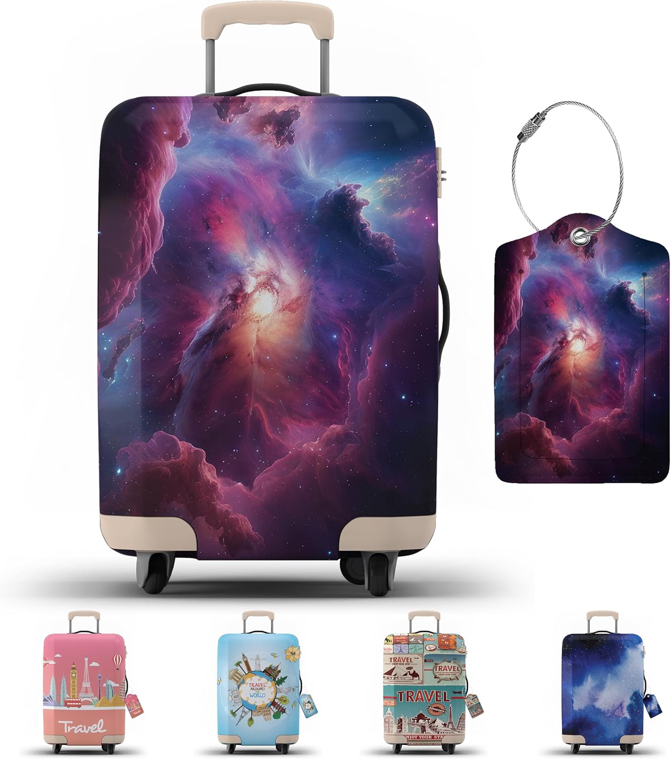 Suitcase Cover with Luggage Tag | Luggage Protector | Suitcase Protector Cover with Zipper – Luggage Cover Protection (Purple Nebula, L)