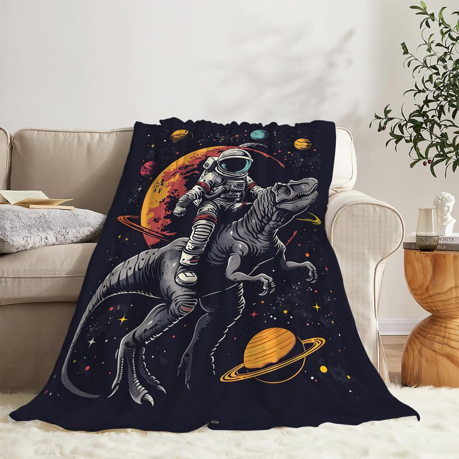SweetFox Astronaut Dinosaur Blanket Funny Space Astronaut Decor Throw Blanket Gifts for Girls Boys Super Warm Soft Plush Fleece Flannel Winter Couch Bedding Blankets for Kids Adults Women 50"X40" - Image 3