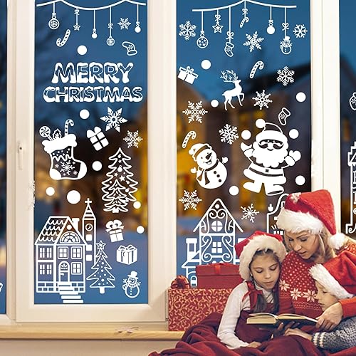 Miniatura 10 de Decoración navideña para ventana, 8 hojas de calcomanías de Navidad para ventana, diseño de copos de nieve de renos de Papá Noel, decoración de