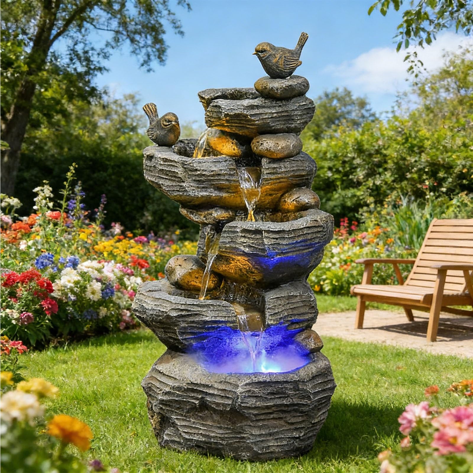 Fontana a cascata in pietra con luci LED per decorazione da giardino e patio all