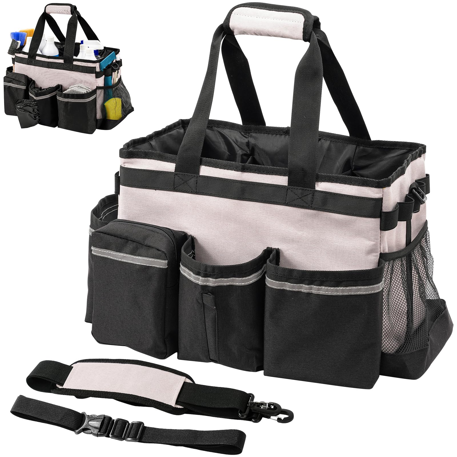Cleaning Caddy Bag for Housekeepers, Foldable Cleaning Supply Bag with 5 Compartments, Wearable Cleaning Detailing Bag Organizer Tote Bag with Handles and Shoulder Strap -Pink