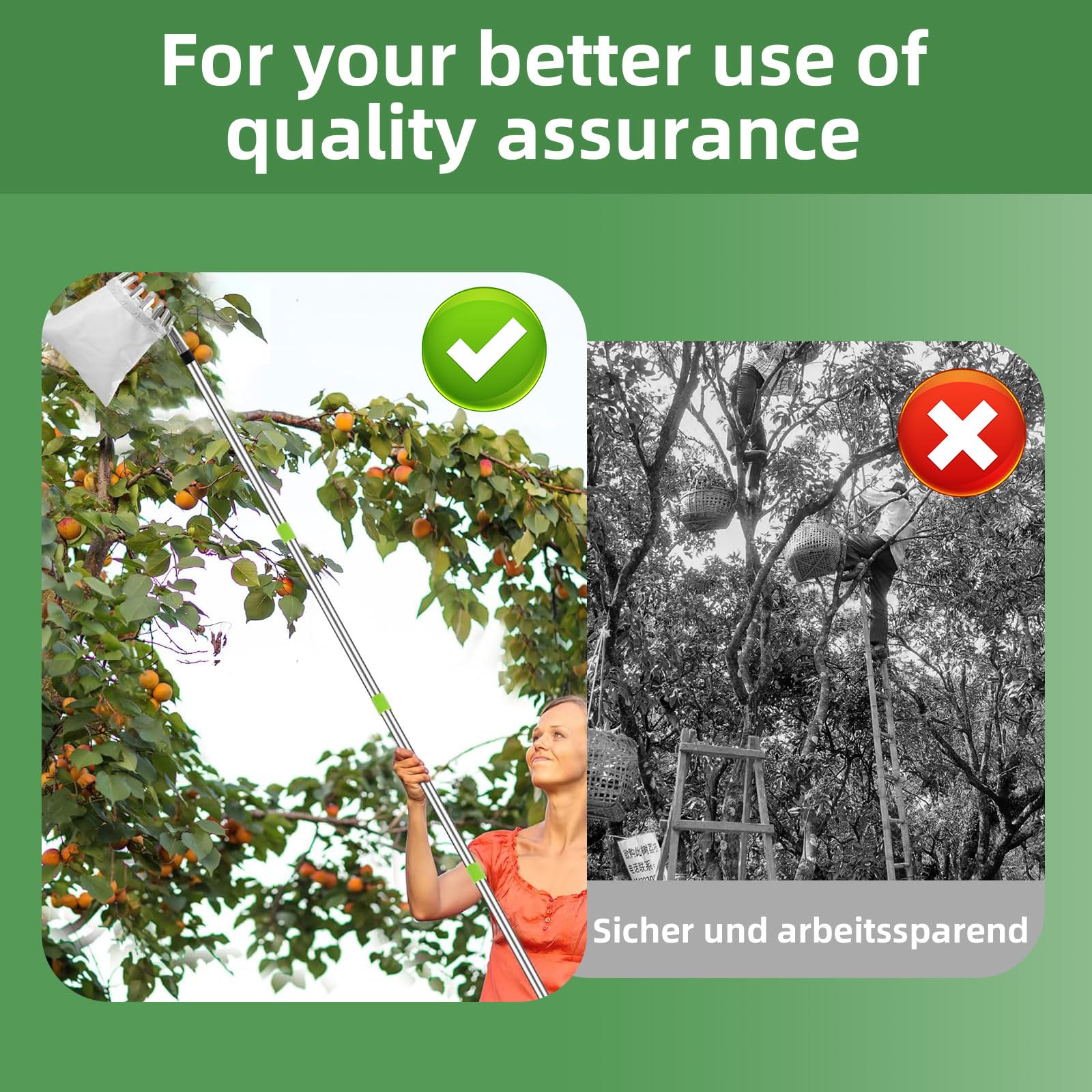 2.8m Raccoglitore Frutta Telescopico, Raccogli Frutta da Albero Acciaio Inox Leggero, Attrezzo Raccogli Frutta con Borsa in Cotone, Raccoglifrutta Regolabile in Mele