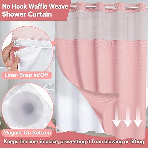 Miniatura 6 de Conbo Mio Cortina de ducha sin ganchos de tejido de gofre con forro extraíble, juego de cortinas de ducha de lujo rosa para hotel, baño con ventana