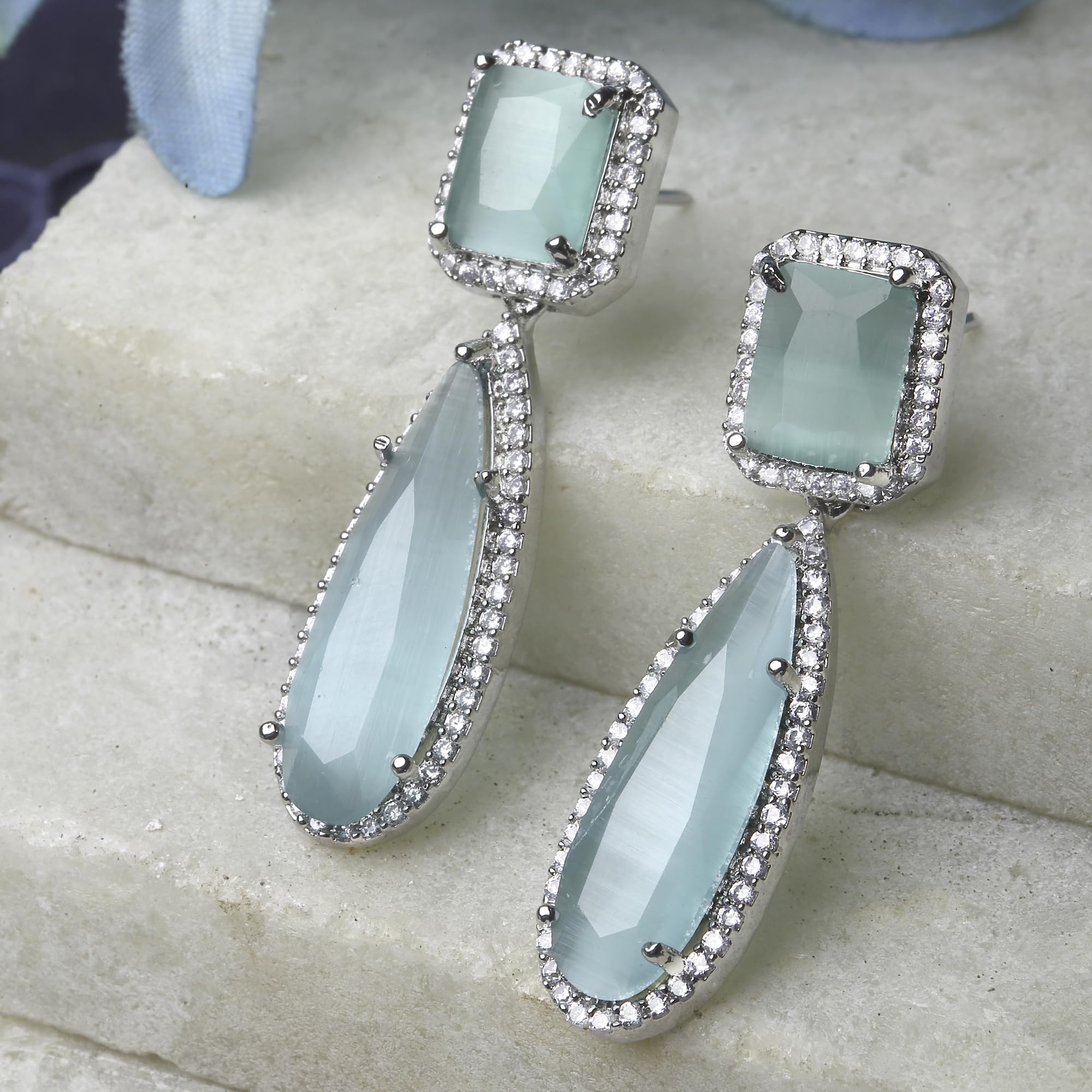 Rhodium-Plated Teardrop Drop Earrings with American Diamond Studs