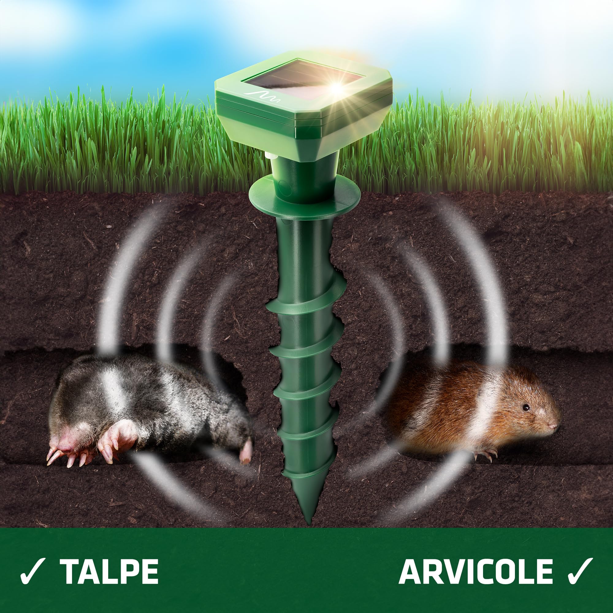 Gardigo® 2X Dissuasori per Talpe | Dispositivo Solare con Segnale Acustico | Copertura Fino a 700 m² | Frequenza a Intervalli | Antitalpa da Giardino | Impermeabile IPX4 | Scaccia Talpe