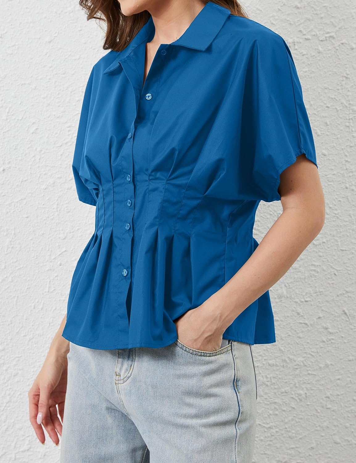 Women Striped Button Pleated Shirts Short Sleeve Summer Casual Peplum Blouse - Image 4