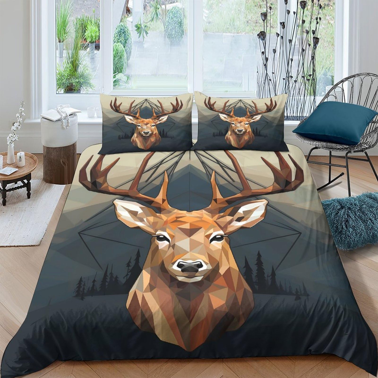 Ctjqhvkz Style-5 3D Printed Stag Forest Fitted Sheet Microfiber Soft Deer Woodland Bed Cover For Bedroom Guest Room Decor Single（135X200cm）