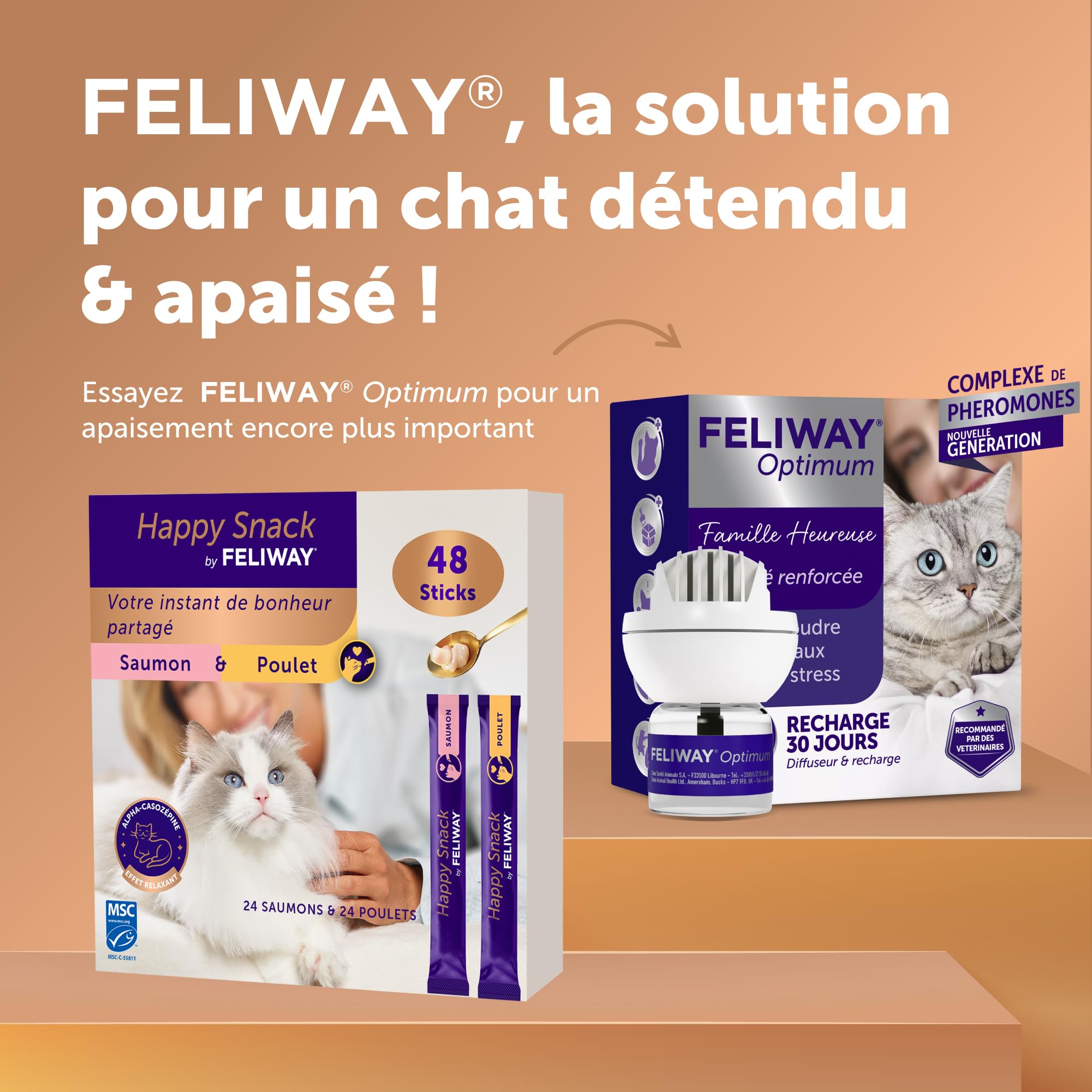 Happy Snack by FELIWAY - Friandises Délicieuses et Apaisantes pour Chats- Boite de 48 Sticks Goûts Poulet et Saumon - Aide Les Chats à se Sentir Plus Calmes et Développe Les Liens Affectifs