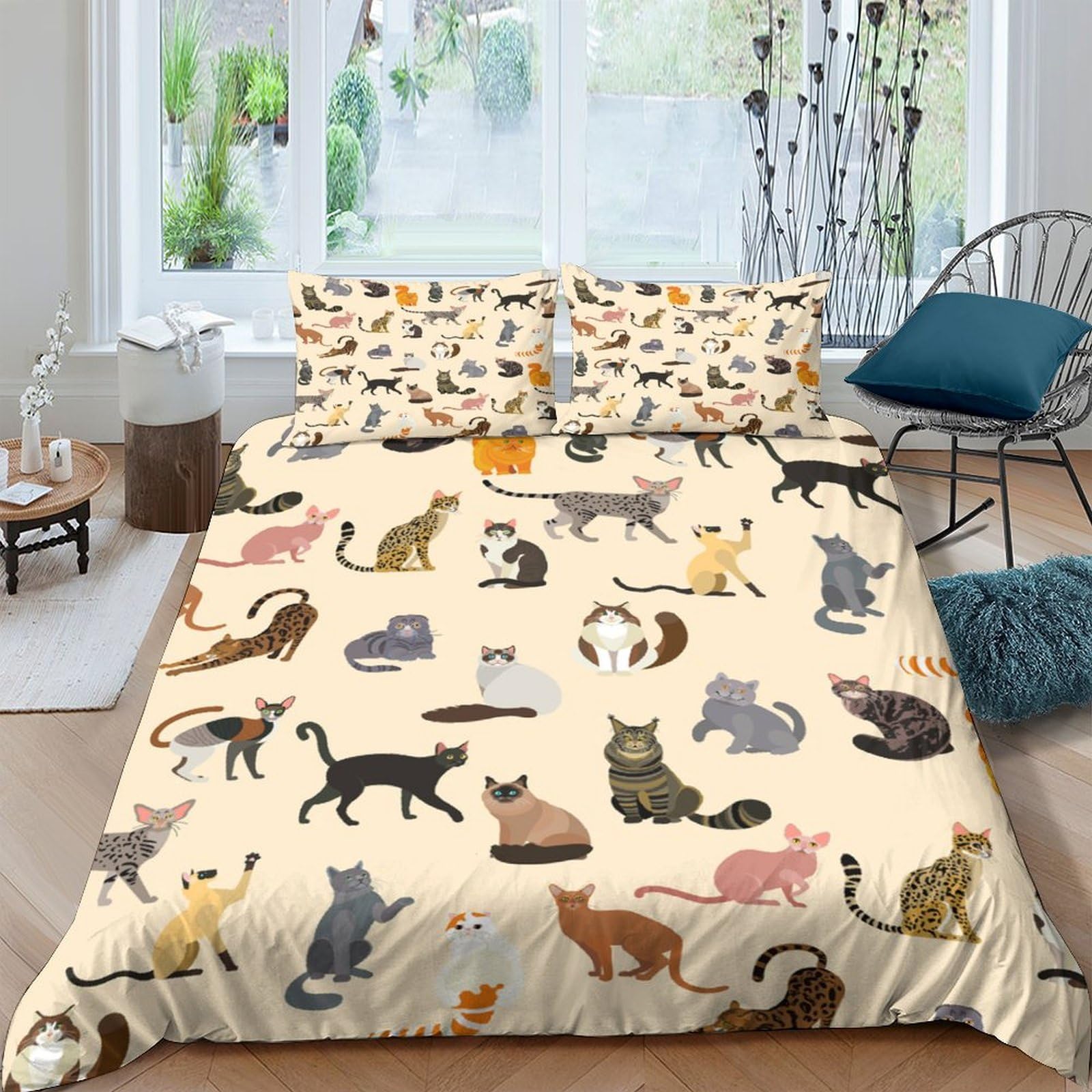 TUFRTGYHN 3D Printed Cartoon Cat Duvet Cover Microfiber Soft Animal Pattern Bedding Set with 2 Pillowcases for Bedroom Decor Single（135x200cm）