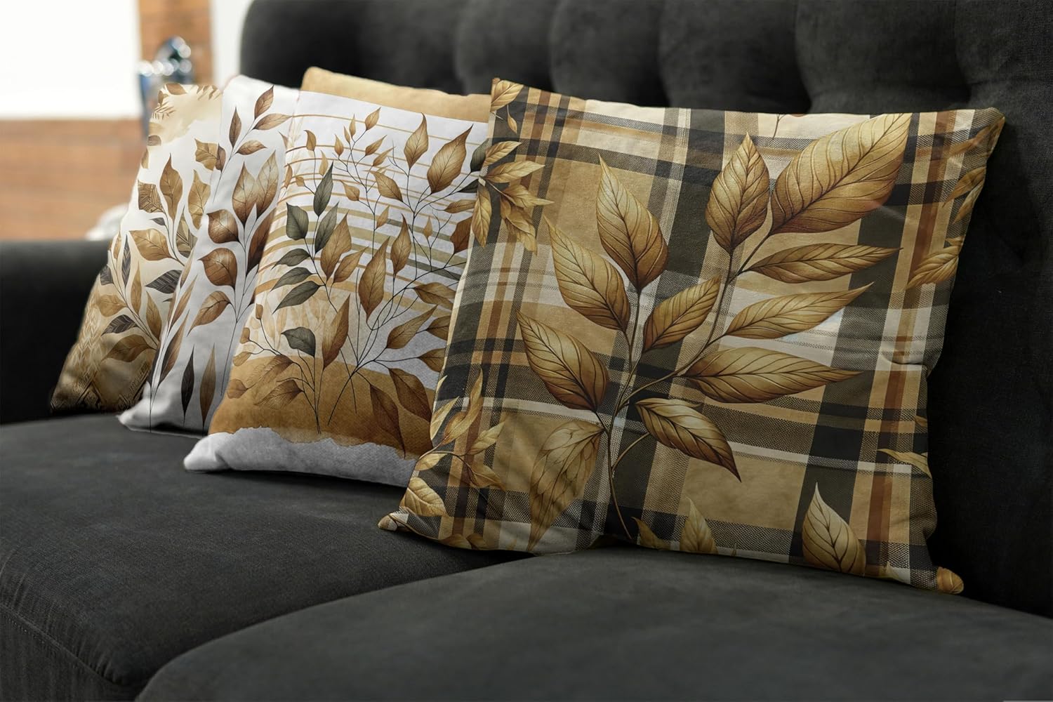 Ambesonne Fall Colors Throw Pillow Cushion Cover Set of 4, Watercolor Autumn Leaves in Rustic Design Grunge on Tartan Plaid, Decorative Accent Double-Sided Printing, 24", Amber and Dark Green