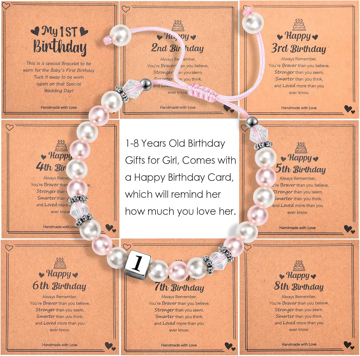 1-8 Years Old Birthday Gifts for Girl - Adjustable Birthday Bracelet for Little Girls with Pink & White Pearls, Birthday Gift Ideas for Daughter Niece Granddaughter Sister Girls - Image 6