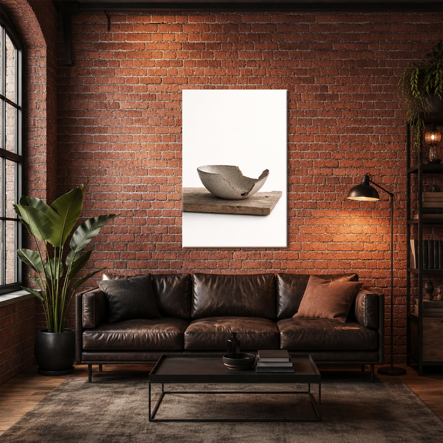 deyoli Obraz na płótnie Pęknięta gliniana miska na desce drewnianej 70 x 50 cm kolorowa
