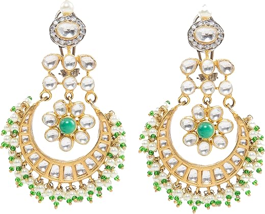 Auraa Trends 22KT Gold Plated Kundan Traditional Handcrafted Stones Green and Blue Earring Set For women and Girls