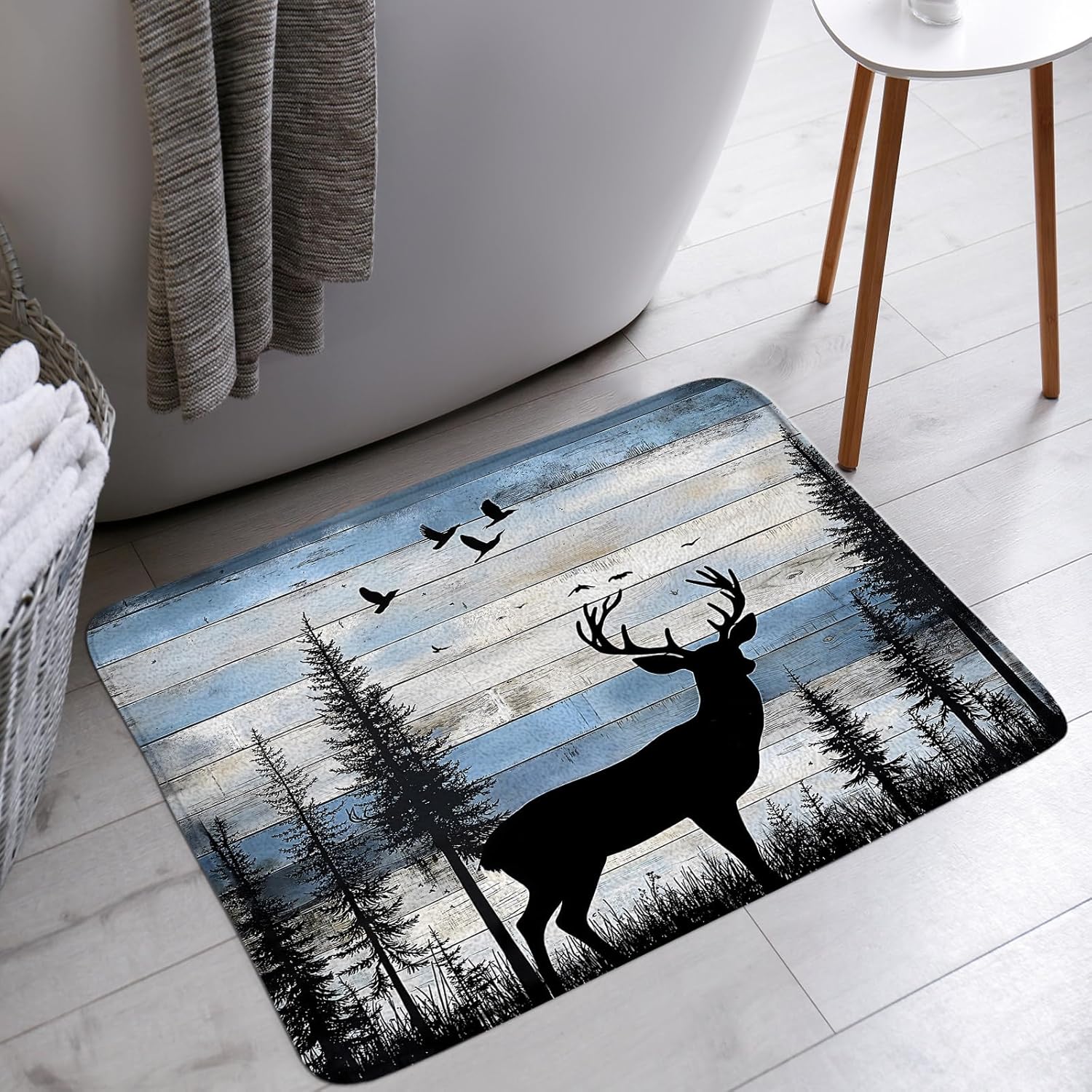 Rustic Deer Bath Mat Forest Wildlife Farmhouse Cabin Animal Lodge Hunting Camping Vintage Wood Board Microfiber Memory Foam Bathroom Decor Rugs for Kitchen Bedroom