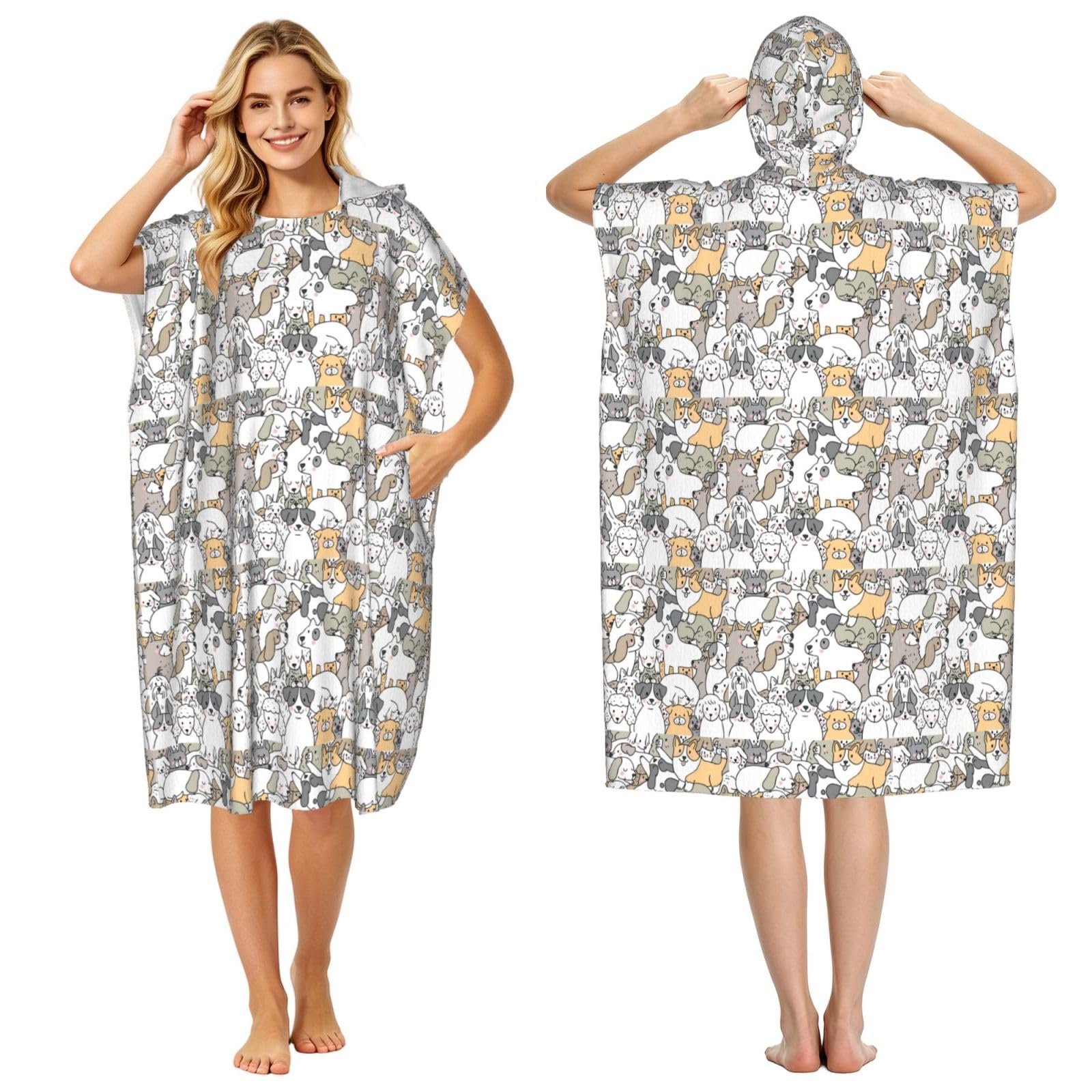 Poadnly Cartoon Doodle Dogs, Adult Hooded Beach Towel 90 x 110 cm,Changing Bath Robe, Surf Poncho Towel For Women Men