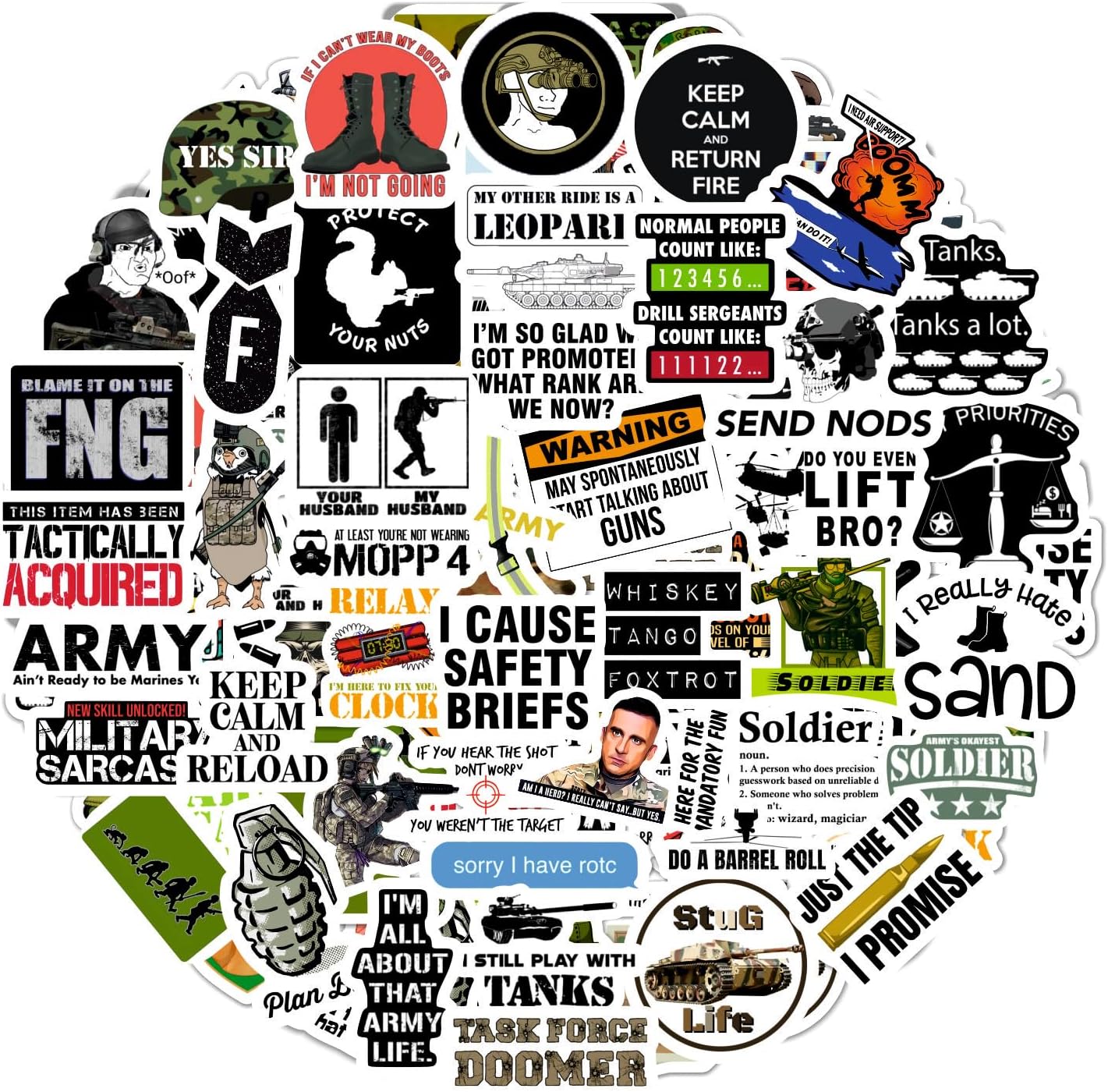 BulbaCraft 100Pcs Funny Army Stickers and Decals — Small Vinyl Military Stickers and Decals for Hard Hat & Helmets, Military or Army Gifts, Gifts for Women & Men