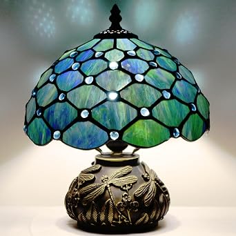 Small Tiffany Table Lamp Blue Bead Style Stained Glass Desk Lamp 10X11.5 Inch Mushroom Table Light for Office Home Living Room Bedroom [Energy Class A+]