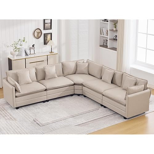 137'' V Shaped Cloud Sectional Sofa, Oversized Deep Seat Leather Couches for Living Room, Comfy Upholstered Modular Sectional Sofa Couch, Leather Beige