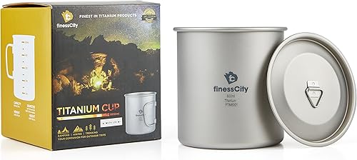 Taza de titanio (15 onzas líquidas 20 onzas líquidas) - Taza para acampar con marcas de medida, extra resistente ultra ligera (Ti), saludable y