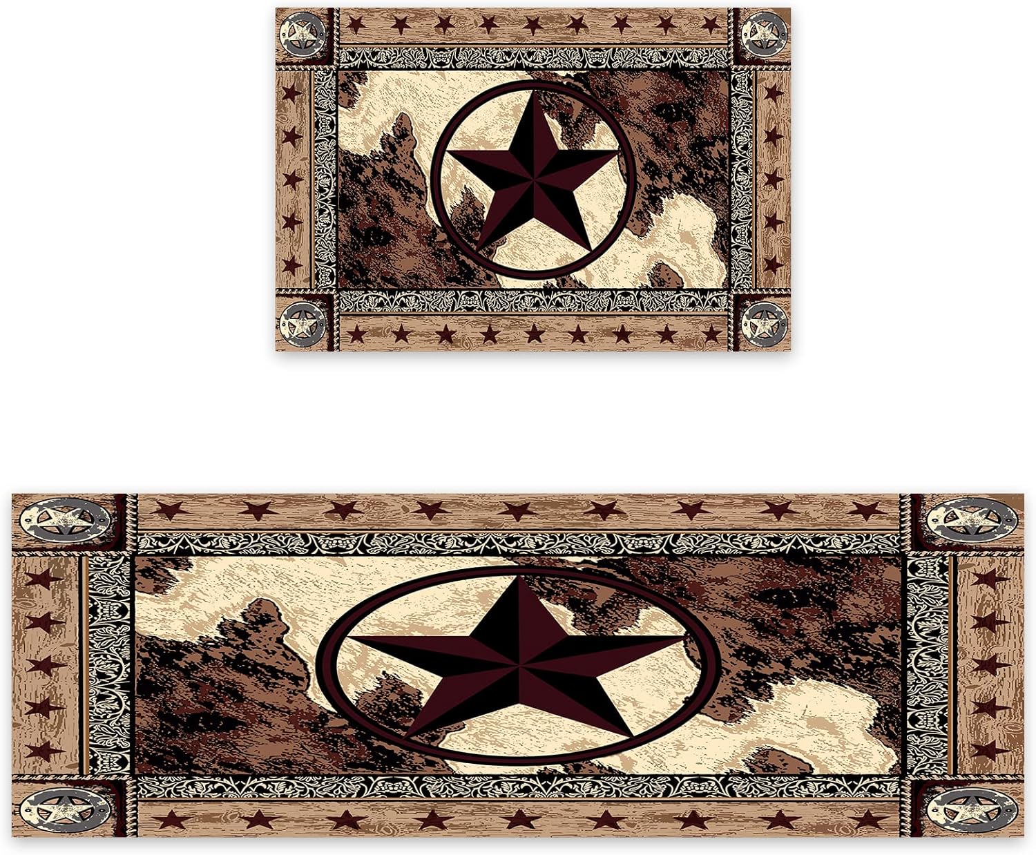 Kitchen Rugs Sets 2 Piece Floor Mats Western Texas Star on Wood Panel Rustic Doormat Vintage Style Texas Star Pattern Area Rugs Washable Runner Carpet Set Non Slip Kitchen Rugs and Mats