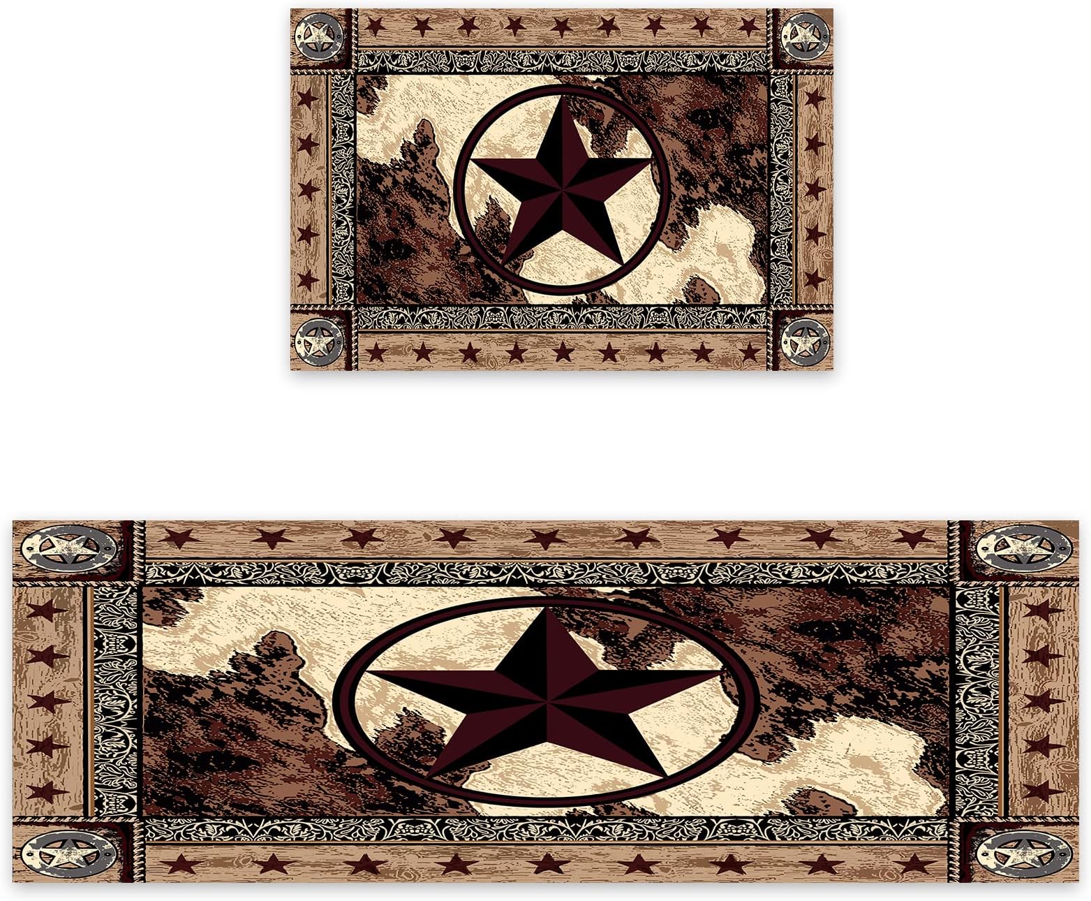 Kitchen Rugs Sets 2 Piece Floor Mats Western Texas Star on Wood Panel Rustic Doormat Vintage Style Texas Star Pattern Area Rugs Washable Runner Carpet Set Non Slip Kitchen Rugs and Mats