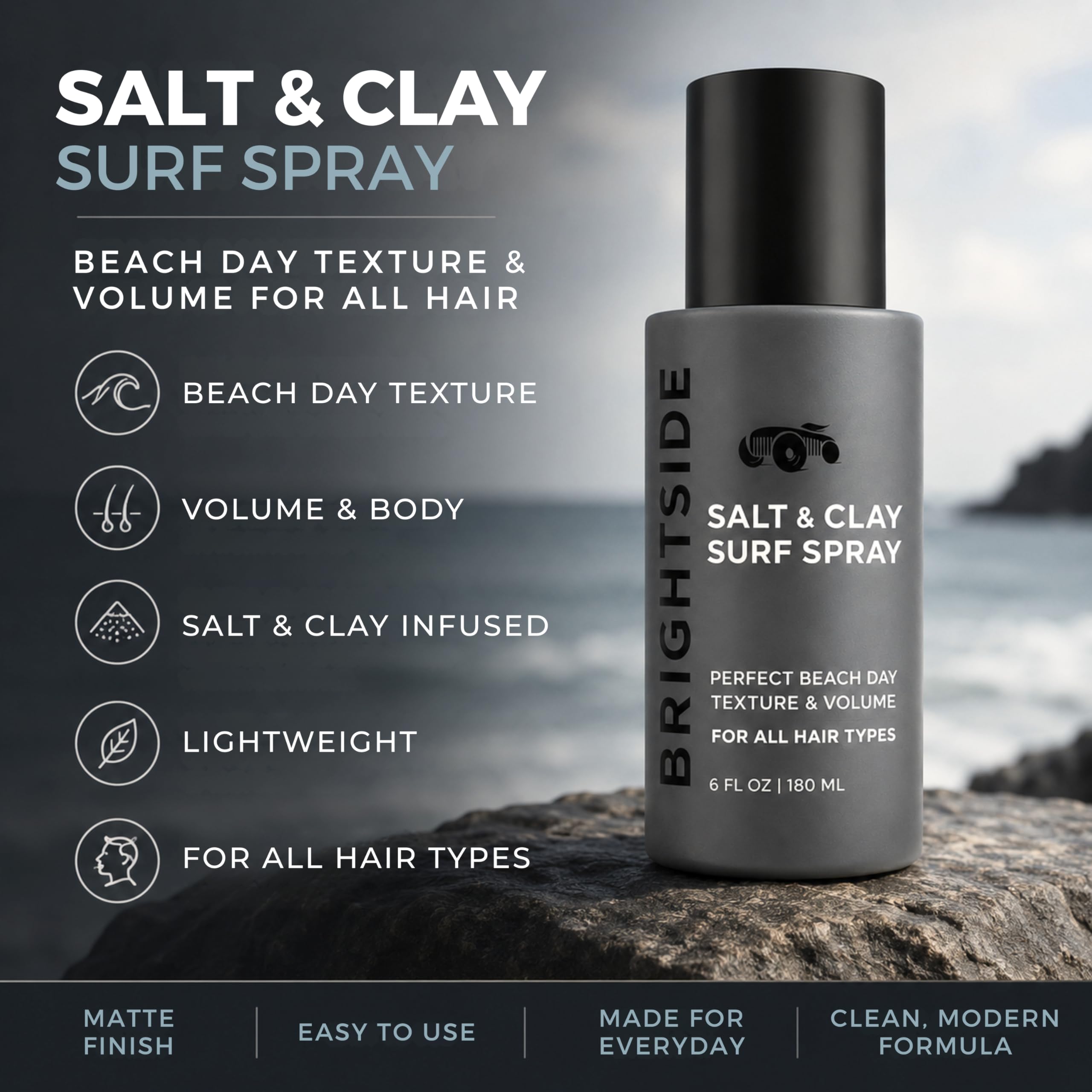 BRIGHTSIDE Salt & Clay Surf Spray Texturier i spray zwiększający objętość, sól i glina, krzemionka oczaru wirginijskiego i zielonej herbaty, do wszystkich rodzajów włosów, 180 ml