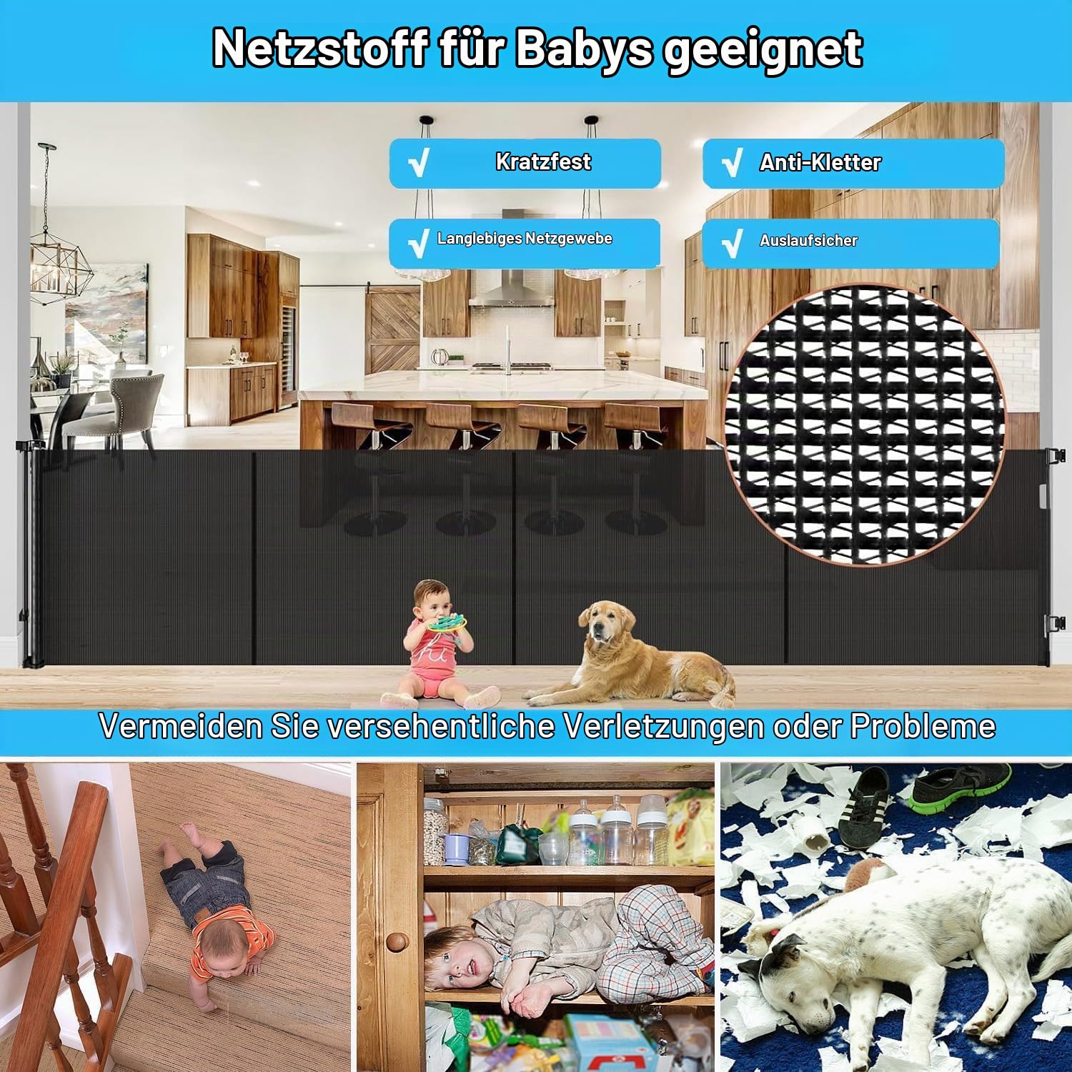 Treppenschutzgitter Ausziehbares Extrabreit Türschutzgitter für Babys, Babygitter & Hundegitter,Ausziehbar bis zu 500 cm, Türschutzgitter für Treppe Türen Korridore Freien
