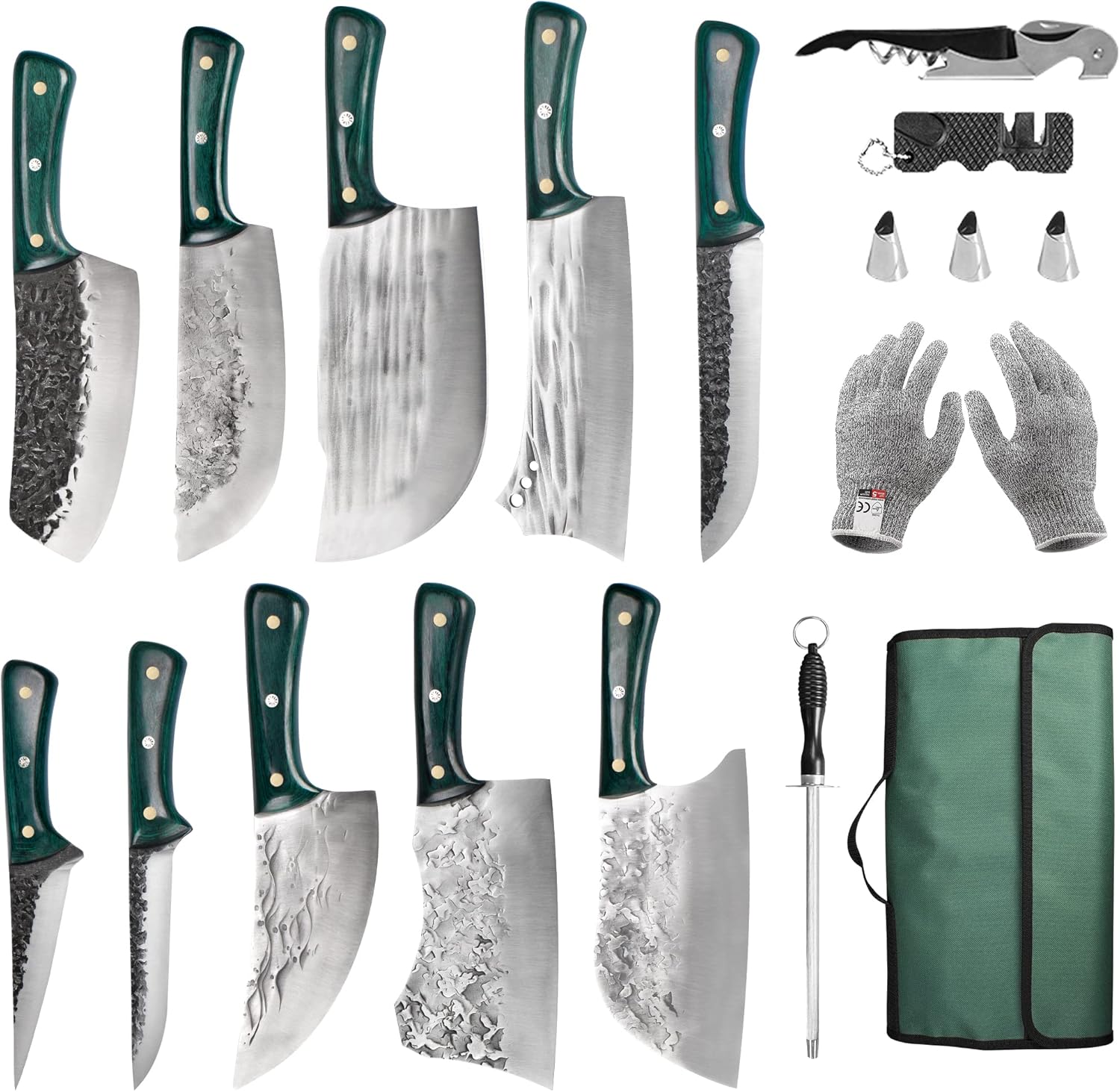 FULLHI Portable 16pcs Butcher knife set green woodhandle