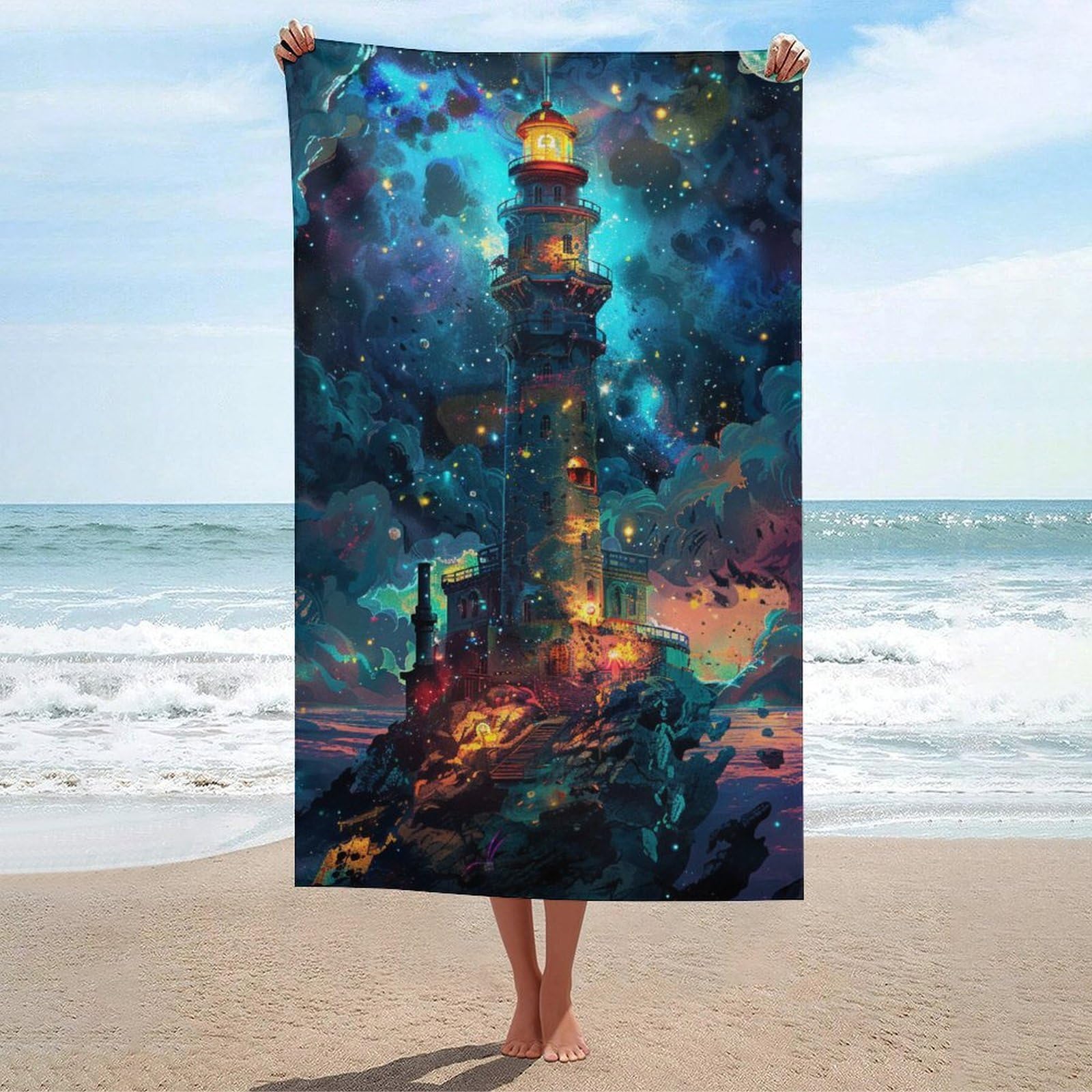 Serviette de plage ultra-absorbante à motif phare magique grand format