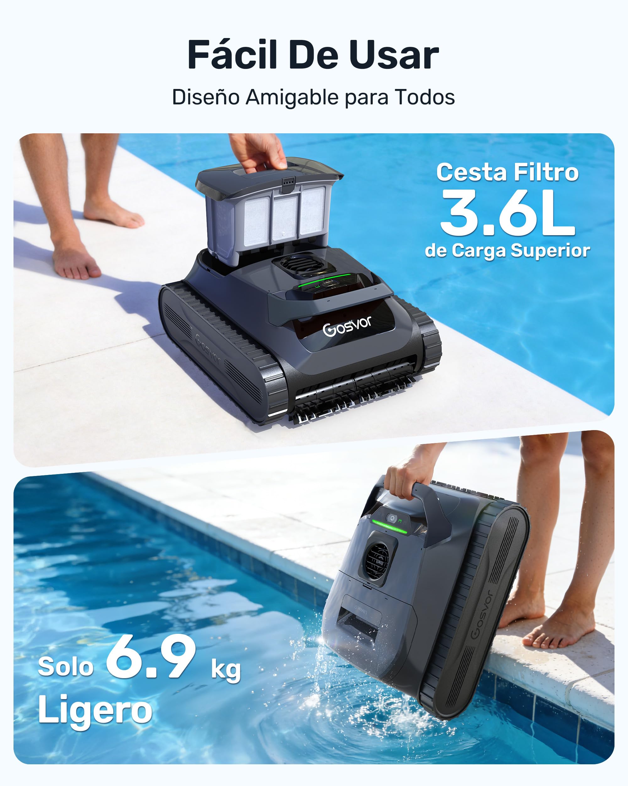 (Nuevo 2026) Gosvor LiteVac G1 Robot Limpiafondos Piscina,Paredes,Línea y Plataformas,7kg,200min Autonomía,Doble Filtración,Navegación Inteligente y App,200m²,Gris